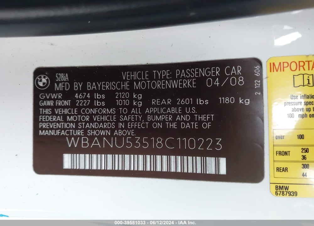 2008 BMW 528I VIN: WBANU53518C110223