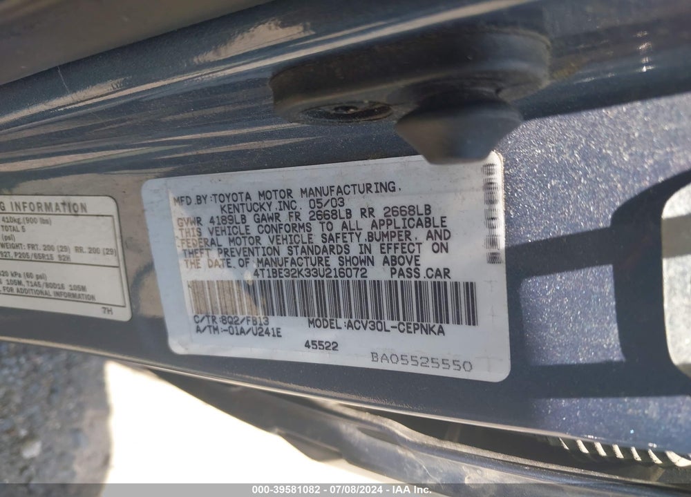 2003 TOYOTA CAMRY LE VIN: 4T1BE32K33U216072