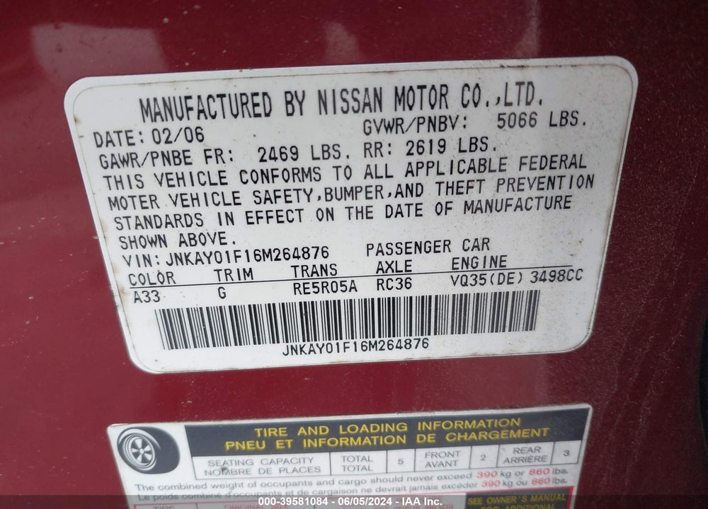 2006 INFINITI M35X VIN: JNKAY01F16M264876
