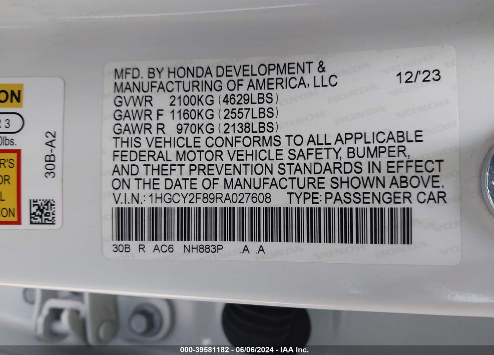 2024 HONDA ACCORD HYBRID TOURING VIN: 1HGCY2F89RA027608