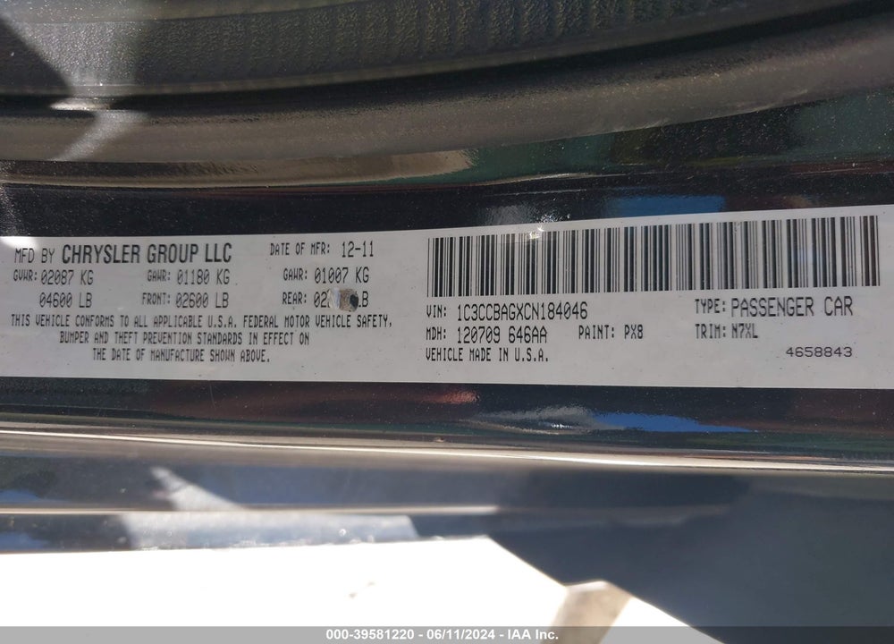 2012 CHRYSLER 200 LX VIN: 1C3CCBAGXCN184046