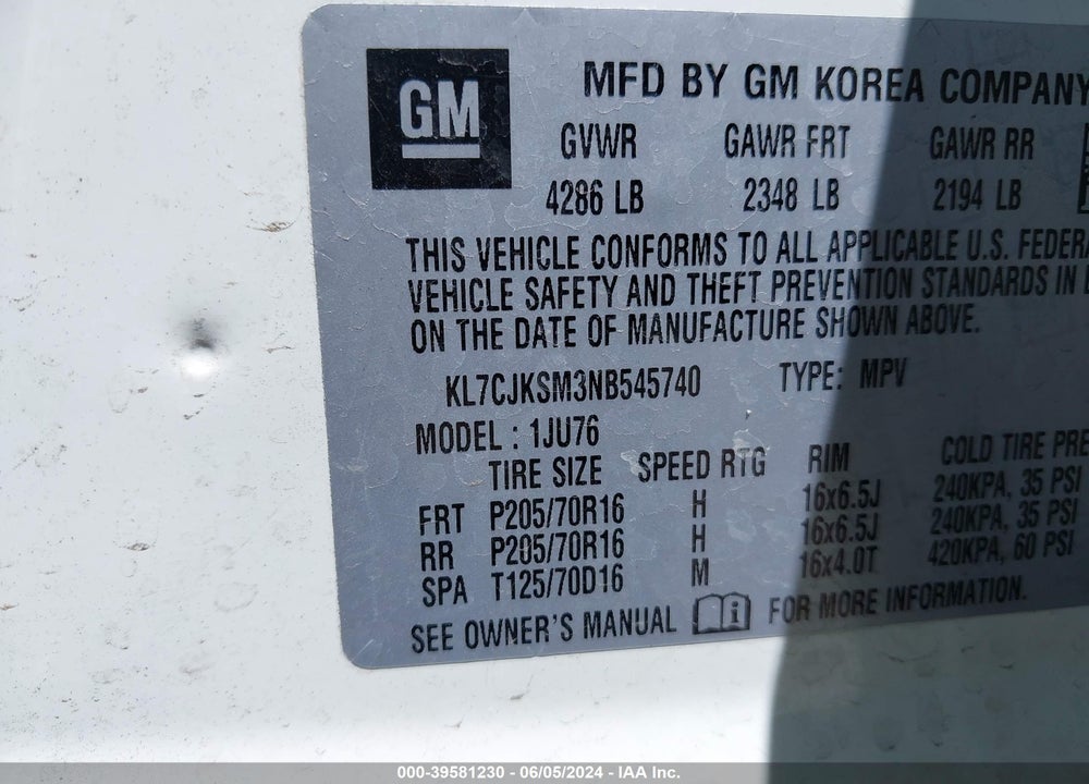 2022 CHEVROLET TRAX VIN: KL7CJKSM3NB545740