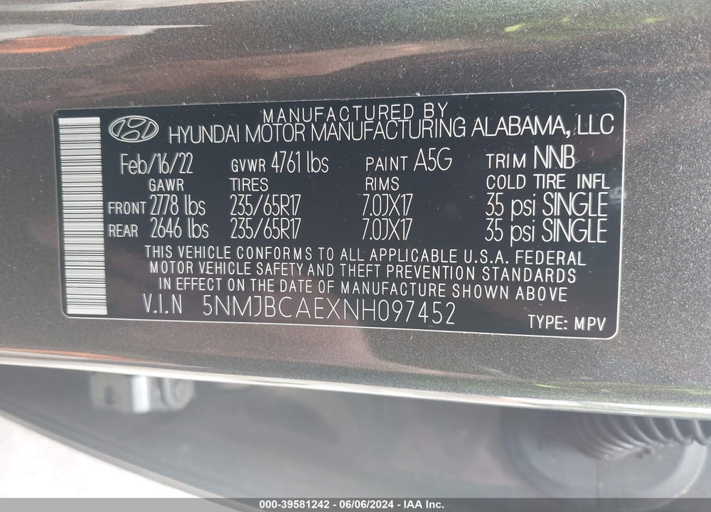 2022 HYUNDAI TUCSON SEL VIN: 5NMJBCAEXNH097452
