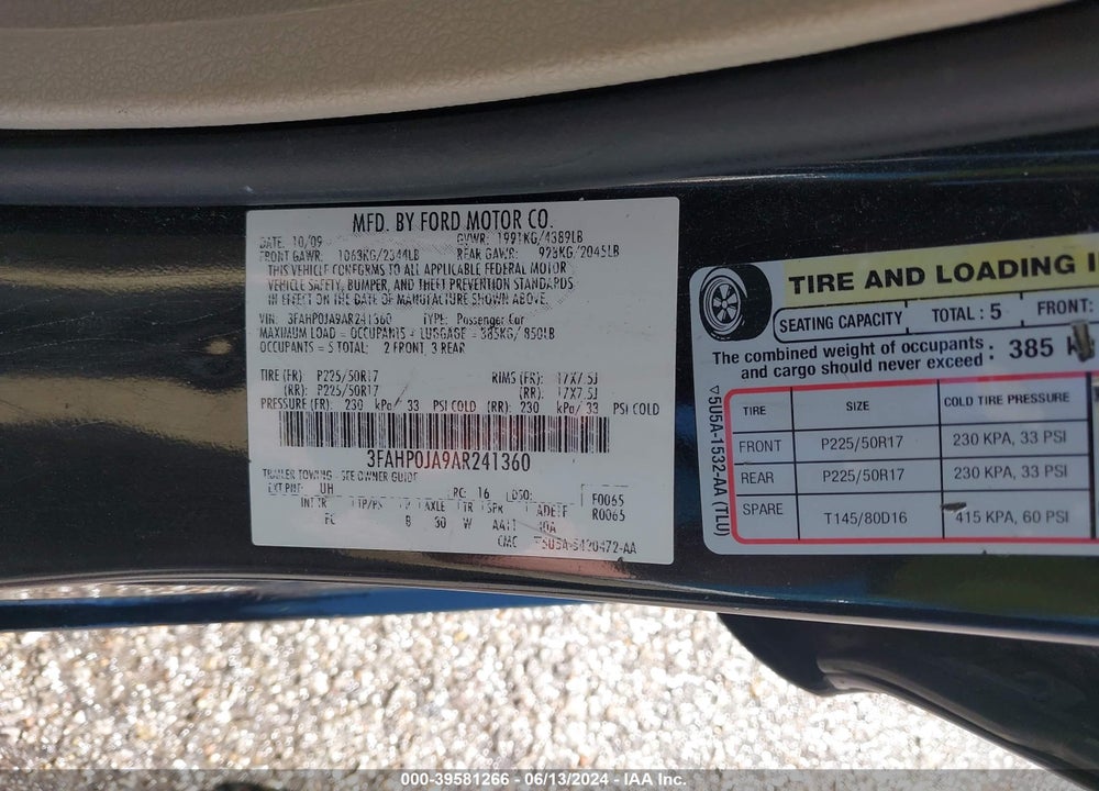2010 FORD FUSION SEL VIN: 3FAHP0JA9AR241360