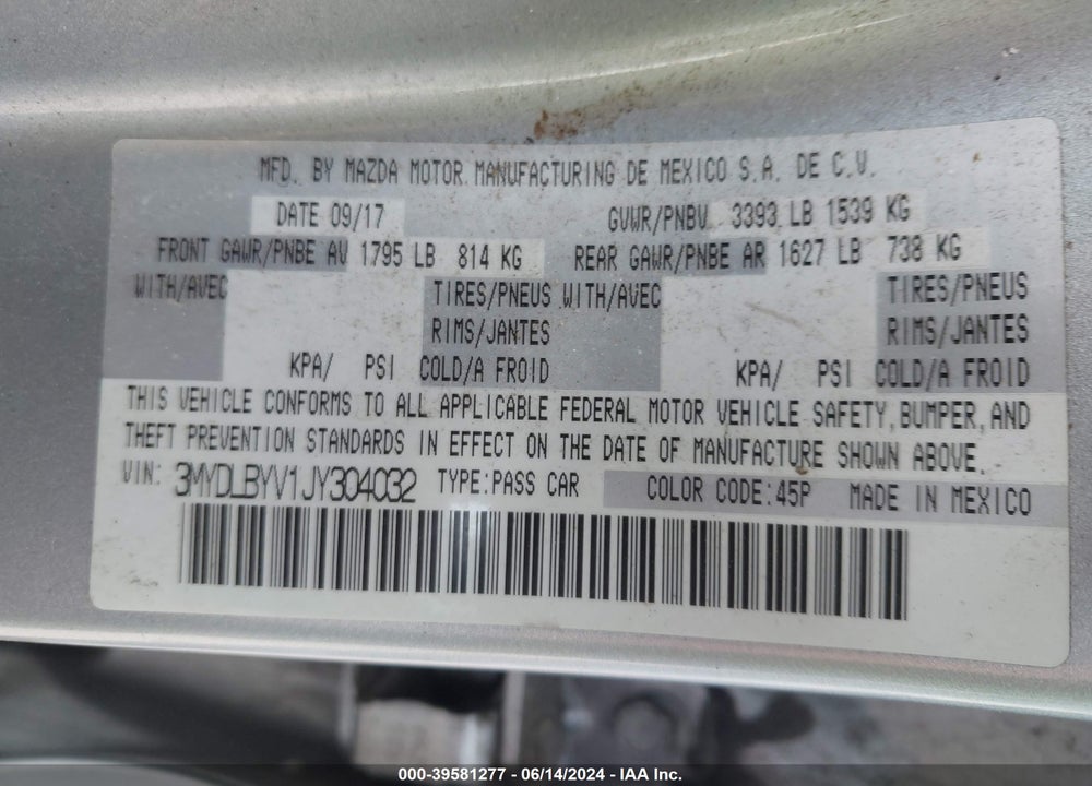 2018 TOYOTA YARIS IA VIN: 3MYDLBYV1JY304032