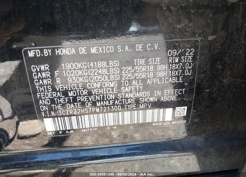 2023 HONDA HR-V AWD SPORT VIN: 3CZRZ2H57PM721300