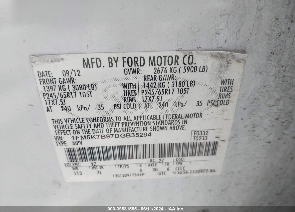2013 FORD EXPLORER VIN: 1FM5K7B97DGB35294