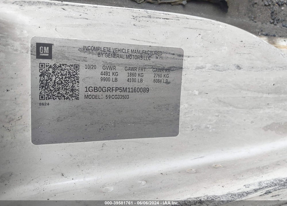 2021 CHEVROLET EXPRESS CUTAWAY WORK VAN VIN: 1GB0GRFP5M1160089