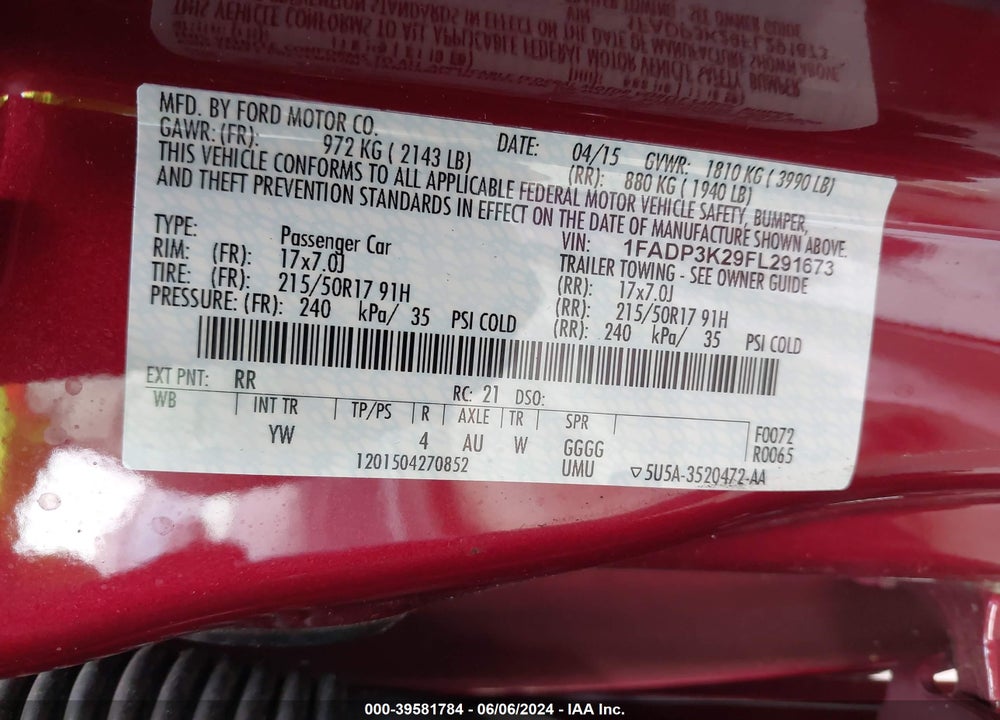 2015 FORD FOCUS SE VIN: 1FADP3K29FL291673