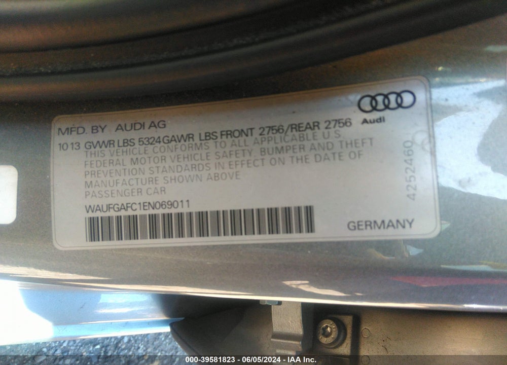 2014 AUDI A6 3.0T PREMIUM PLUS VIN: WAUFGAFC1EN069011