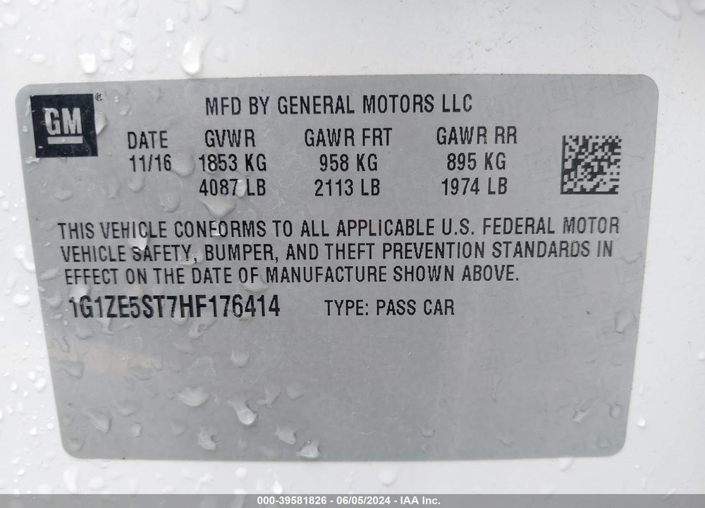 2017 CHEVROLET MALIBU 1LT VIN: 1G1ZE5ST7HF176414