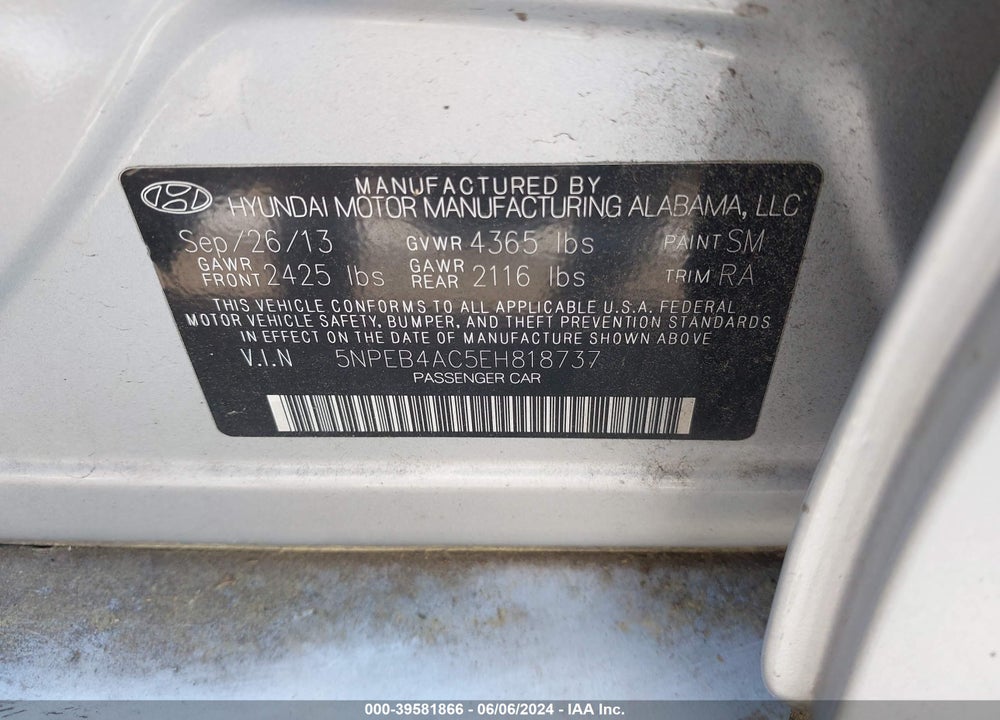 2014 HYUNDAI SONATA GLS VIN: 5NPEB4AC5EH818737