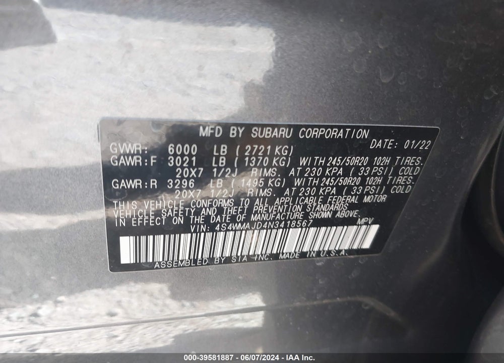 2022 SUBARU ASCENT ONYX EDITION VIN: 4S4WMAJD4N3418567