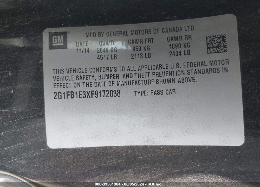 2015 CHEVROLET CAMARO 2LS VIN: 2G1FB1E3XF9172038
