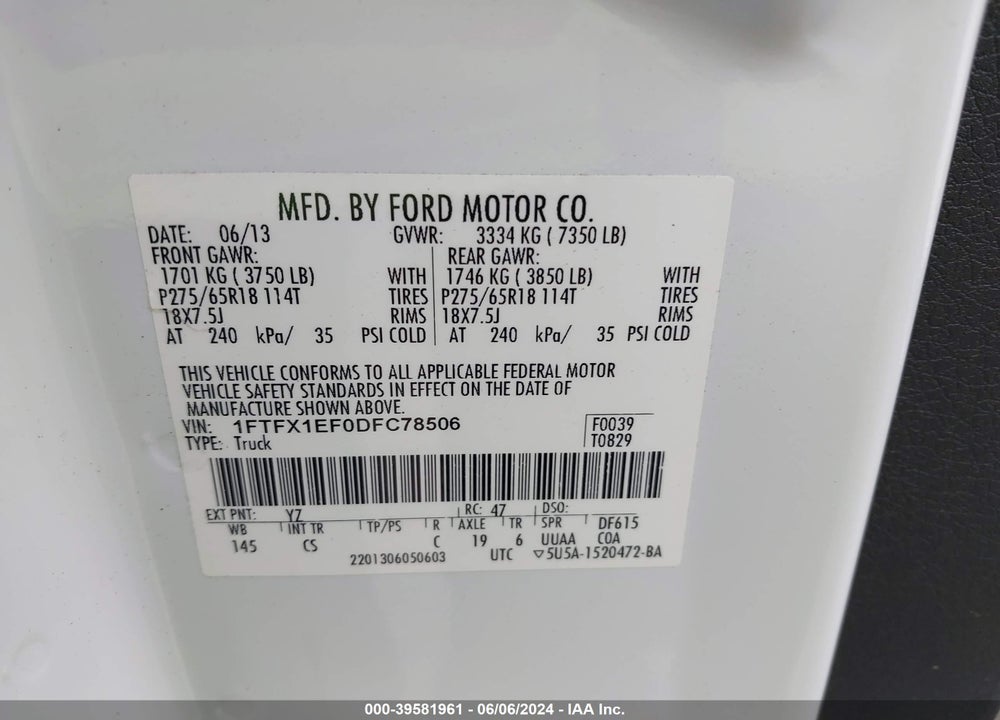 2013 FORD F-150 STX VIN: 1FTFX1EF0DFC78506