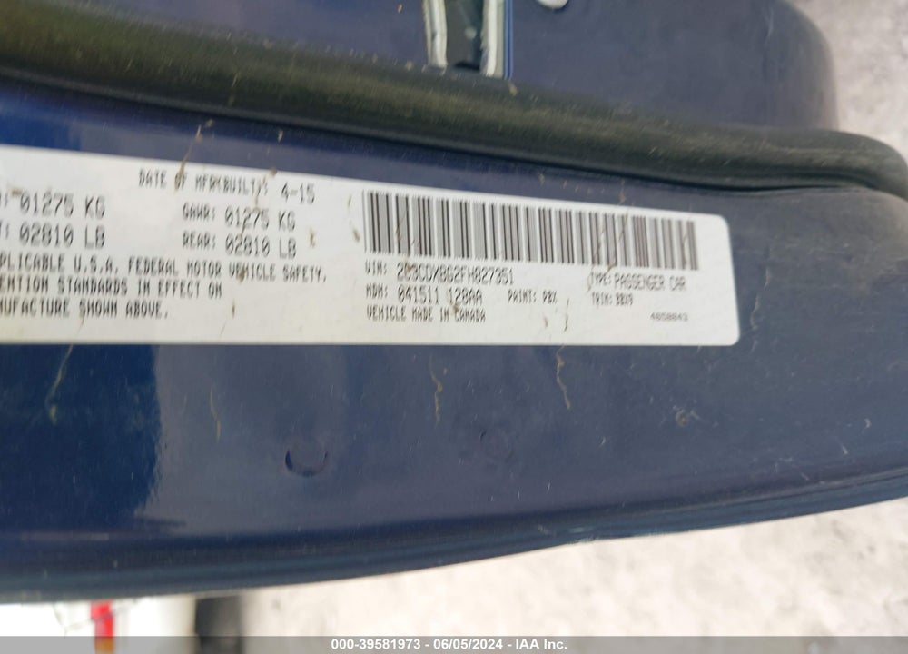 2015 DODGE CHARGER SE VIN: 2C3CDXBG2FH827351