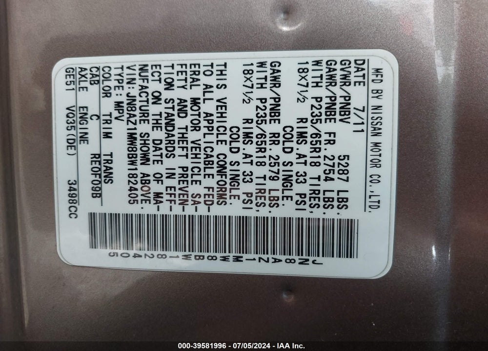 2011 NISSAN MURANO SL VIN: JN8AZ1MW8BW182405