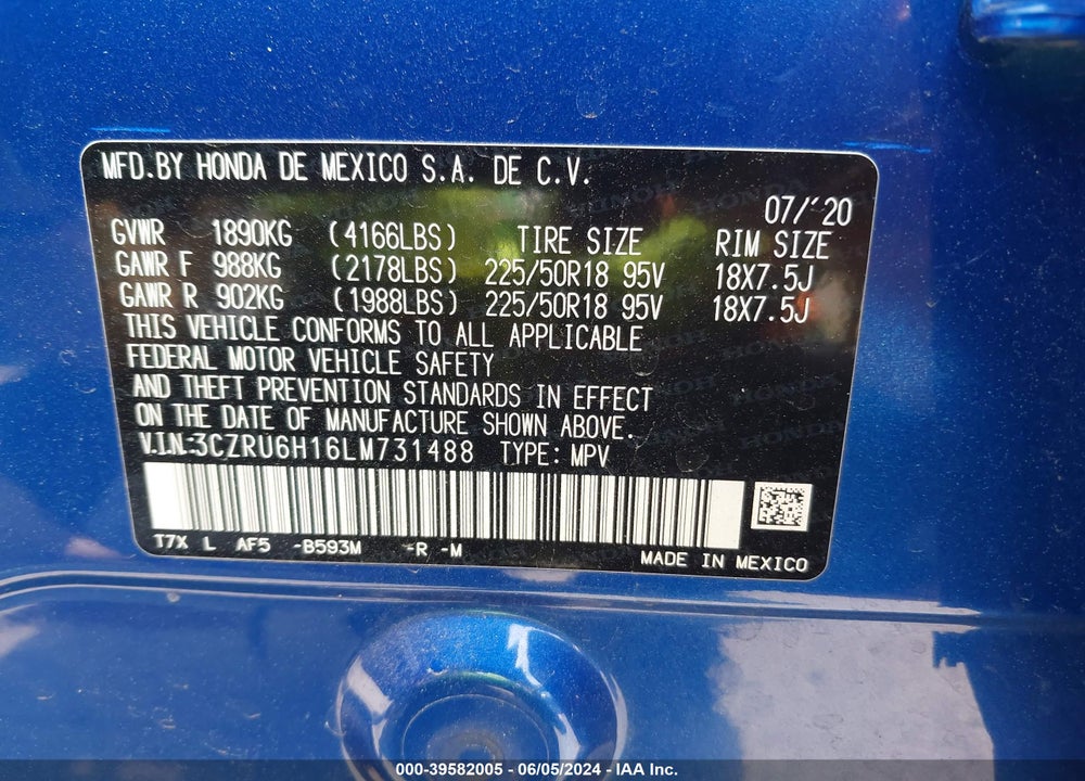 2020 HONDA HR-V AWD SPORT VIN: 3CZRU6H16LM731488