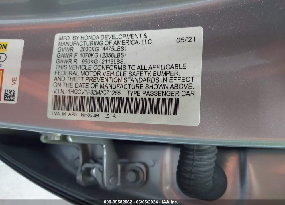 2021 HONDA ACCORD SPORT VIN: 1HGCV1F32MA071255