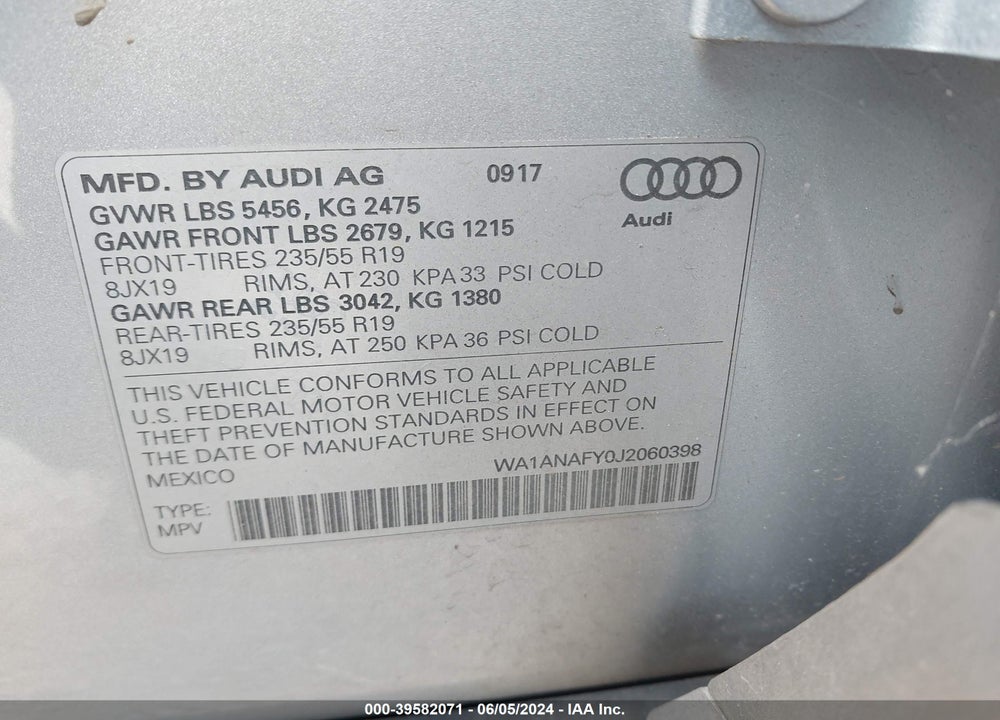 2018 AUDI Q5 2.0T PREMIUM/2.0T TECH PREMIUM VIN: WA1ANAFY0J2060398
