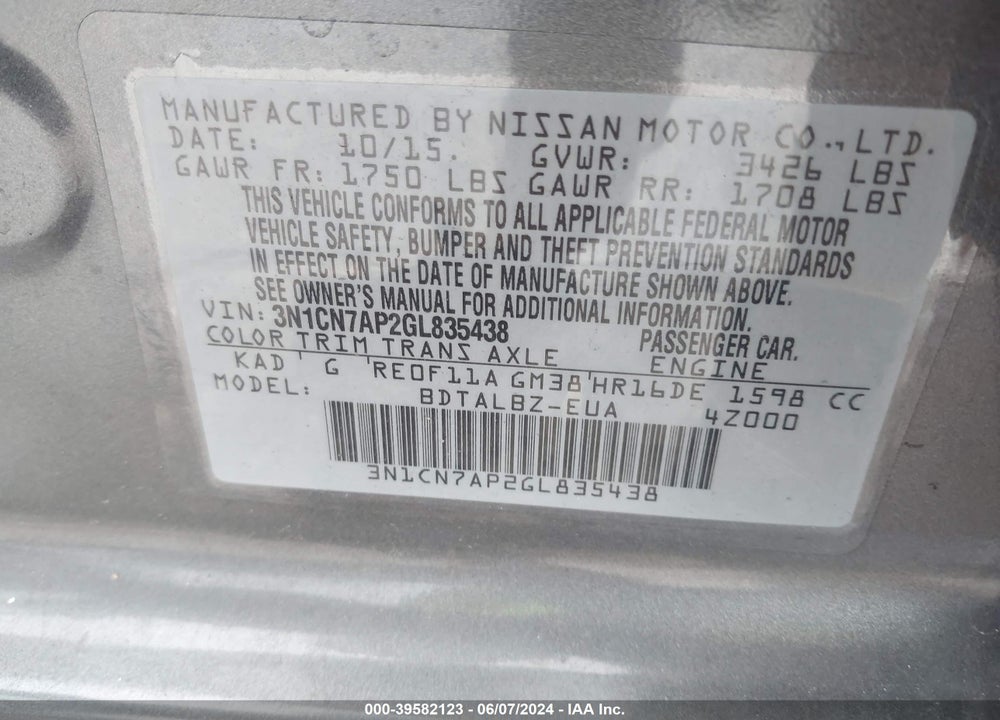 2016 NISSAN VERSA 1.6 SV VIN: 3N1CN7AP2GL835438