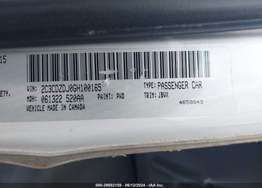 2016 DODGE CHALLENGER VIN: 2C3CDZDJ0GH100165