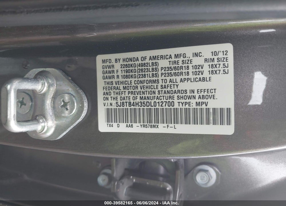 2013 ACURA RDX VIN: 5J8TB4H35DL012700