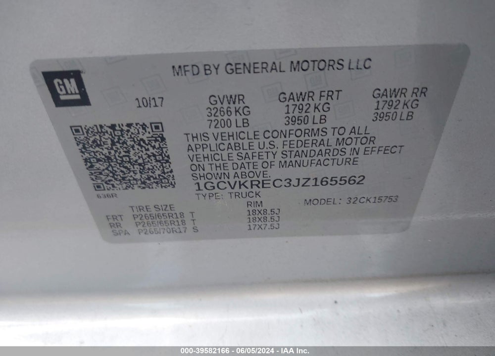 2018 CHEVROLET SILVERADO 1500 1LT VIN: 1GCVKREC3JZ165562