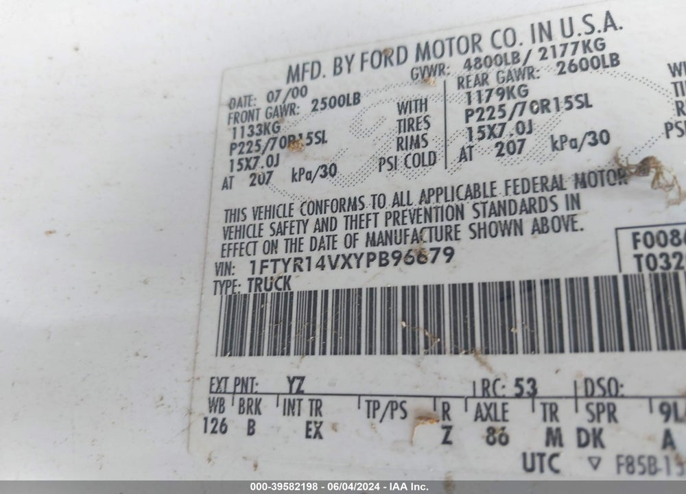 2000 FORD RANGER XL/XLT VIN: 1FTYR14VXYPB96679