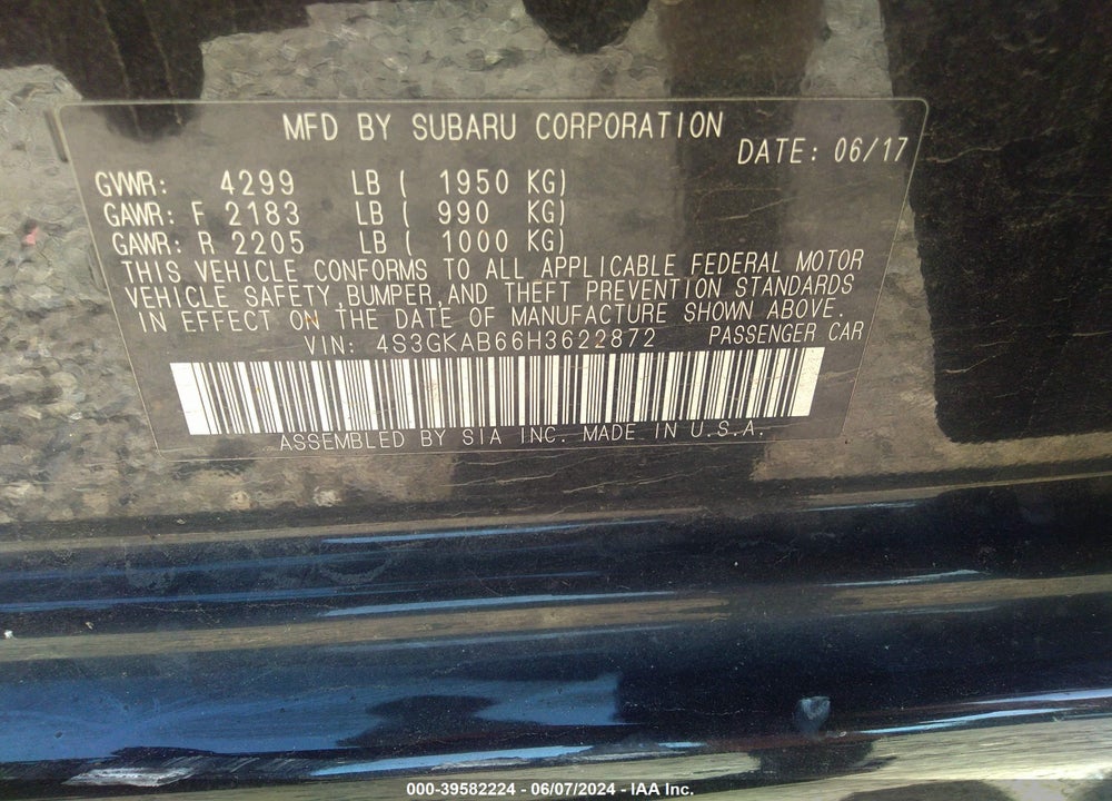 2017 SUBARU IMPREZA 2.0I PREMIUM VIN: 4S3GKAB66H3622872