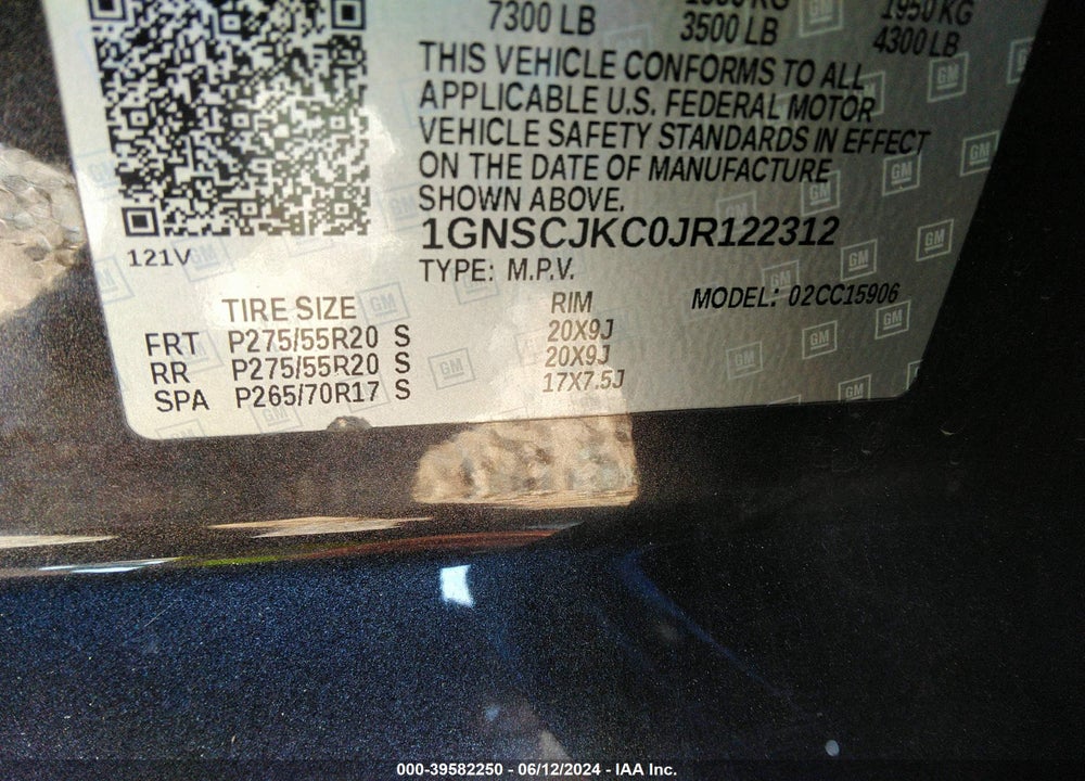 2018 CHEVROLET SUBURBAN PREMIER VIN: 1GNSCJKC0JR122312