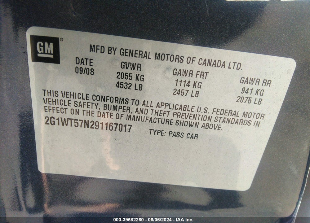 2009 CHEVROLET IMPALA LT VIN: 2G1WT57N291167017