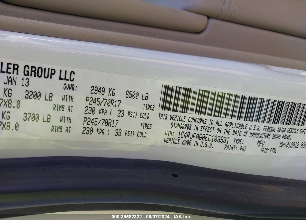 2014 JEEP GRAND CHEROKEE LAREDO VIN: 1C4RJFAG0EC103931