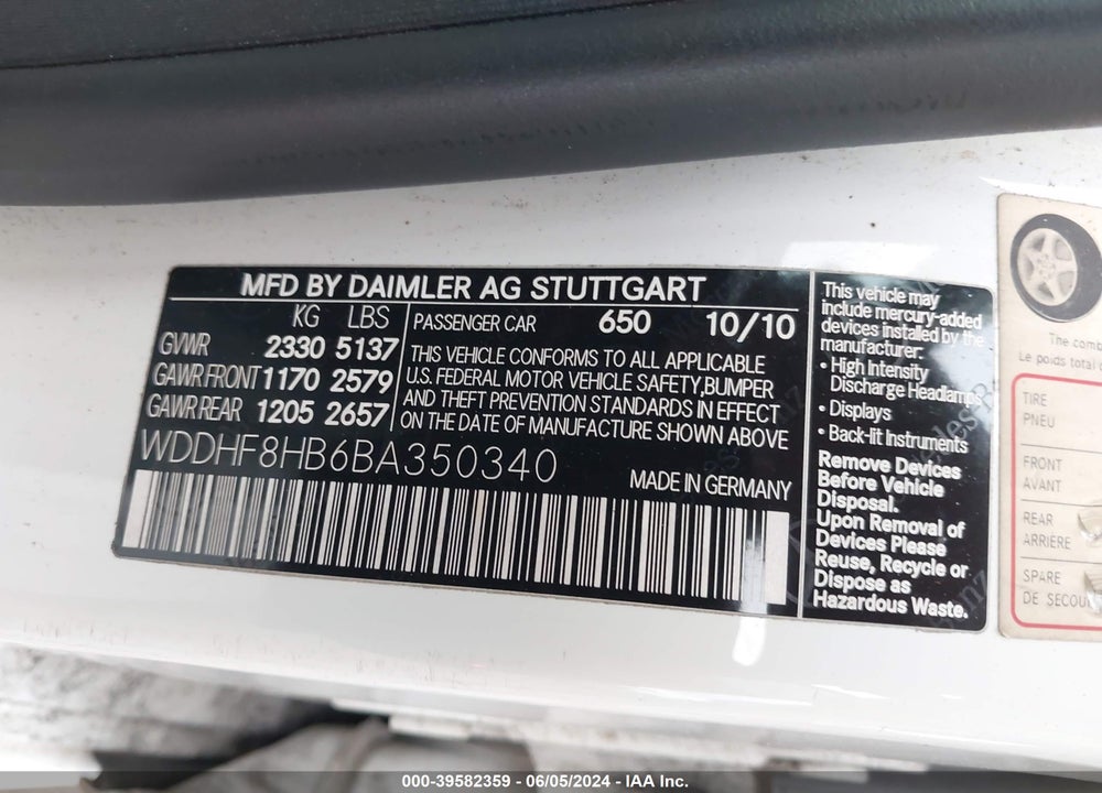 2011 MERCEDES-BENZ E 350 4MATIC VIN: WDDHF8HB6BA350340