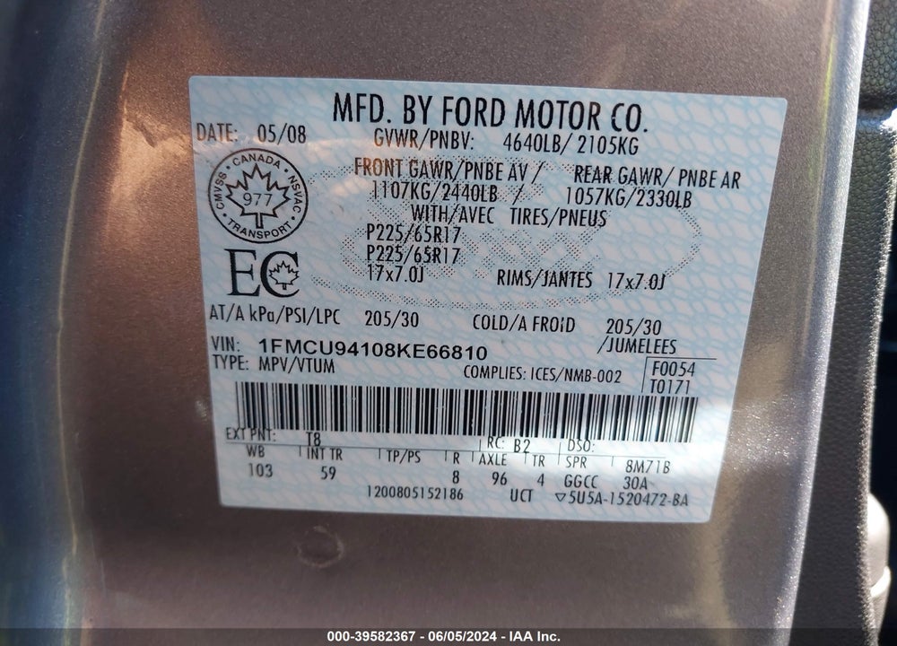 2008 FORD ESCAPE LIMITED VIN: 1FMCU94108KE66810