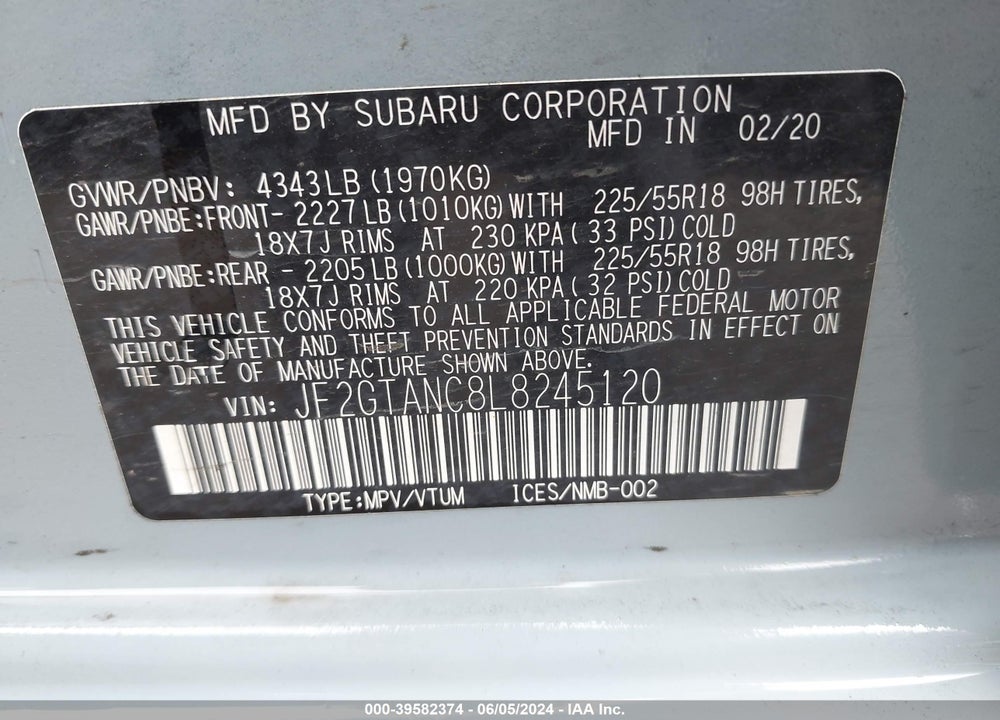 2020 SUBARU CROSSTREK LIMITED VIN: JF2GTANC8L8245120