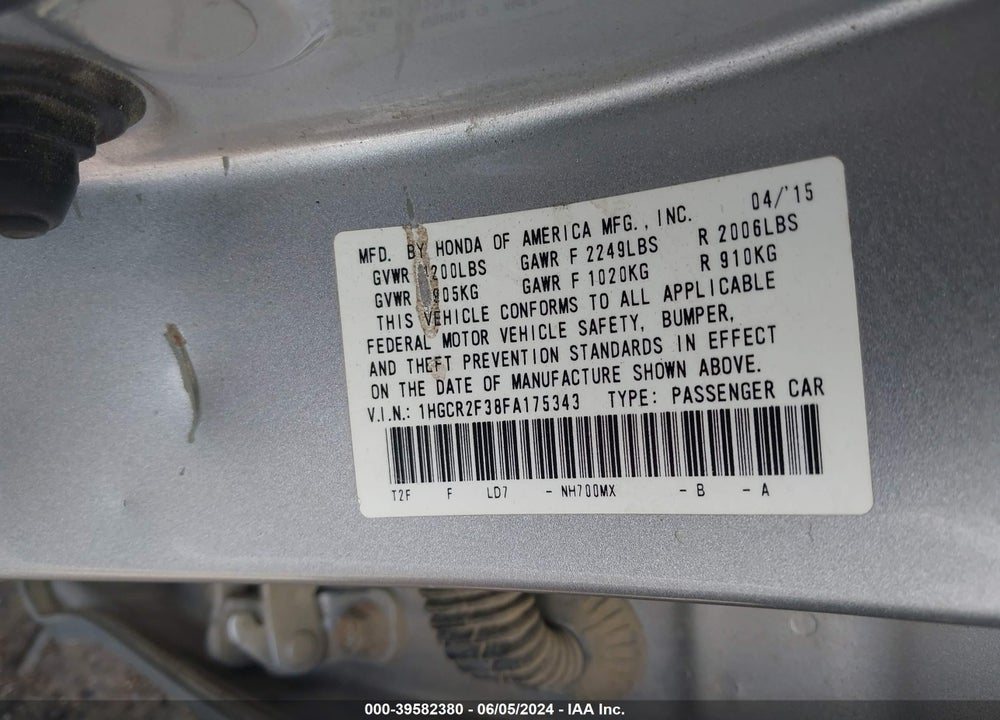 2015 HONDA ACCORD LX VIN: 1HGCR2F38FA175343