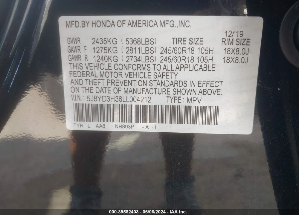 2020 ACURA MDX STANDARD VIN: 5J8YD3H36LL004212