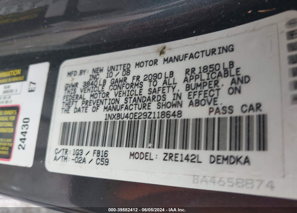 2009 TOYOTA COROLLA VIN: 1NXBU40E29Z118648