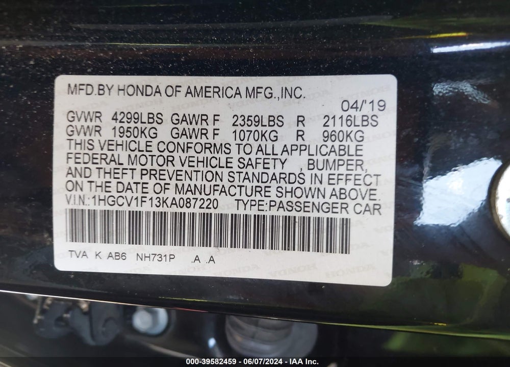 2019 HONDA ACCORD LX VIN: 1HGCV1F13KA087220