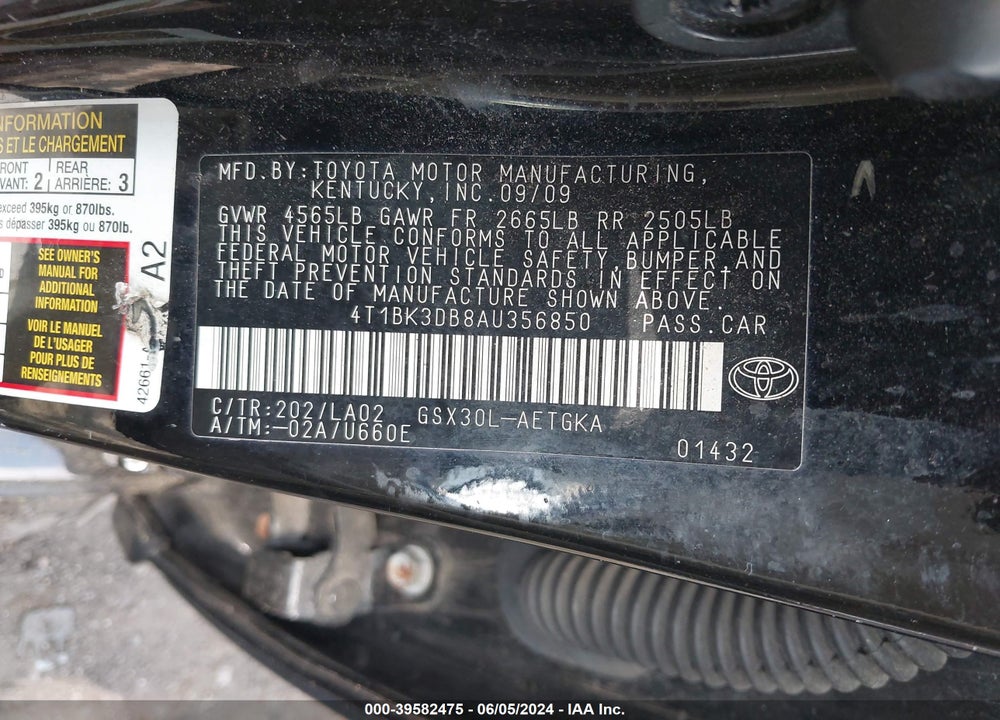 2010 TOYOTA AVALON XLS VIN: 4T1BK3DB8AU356850
