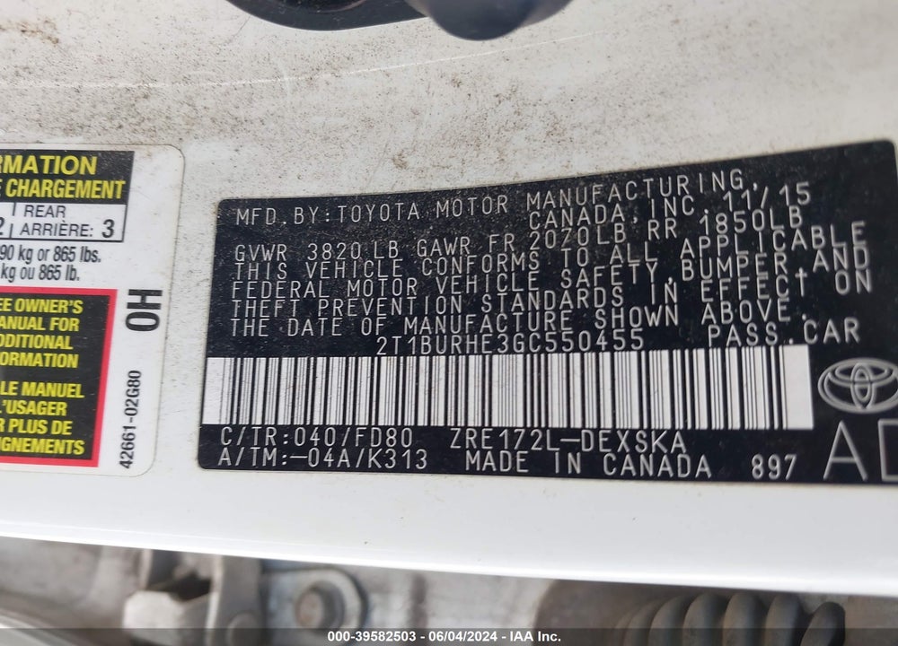 2016 TOYOTA COROLLA S PLUS VIN: 2T1BURHE3GC550455