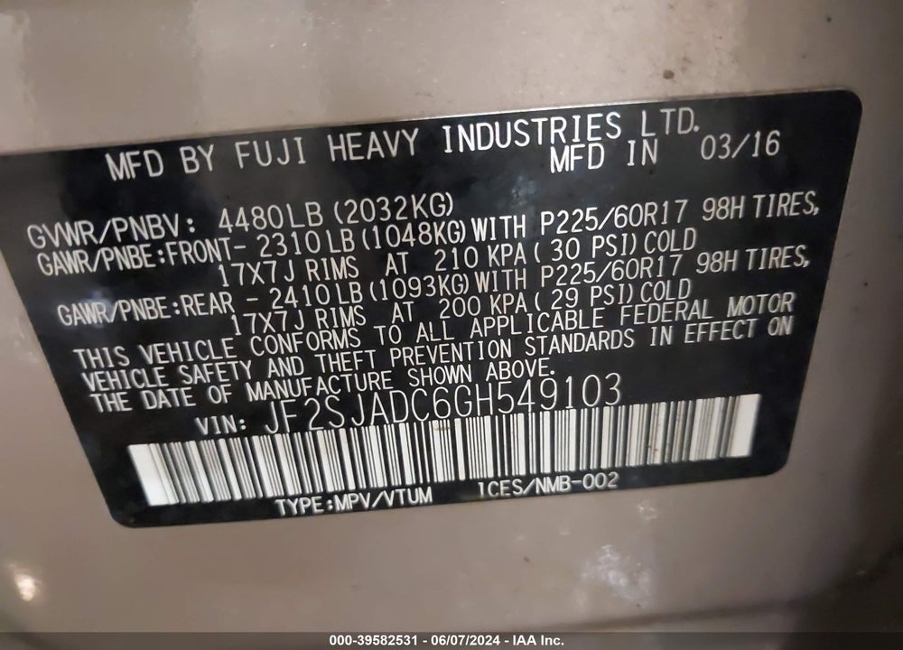 2016 SUBARU FORESTER 2.5I PREMIUM VIN: JF2SJADC6GH549103