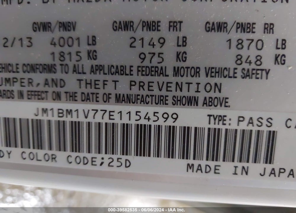 2014 MAZDA 3 I TOURING VIN: JM1BM1V77E1154599