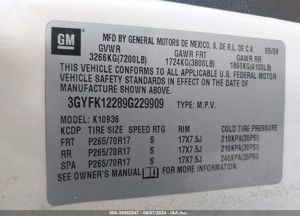 2009 CADILLAC ESCALADE EXT STANDARD VIN: 3GYFK12289G229909