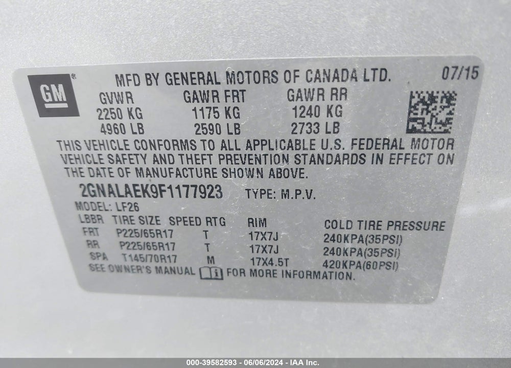 2015 CHEVROLET EQUINOX LS VIN: 2GNALAEK9F1177923