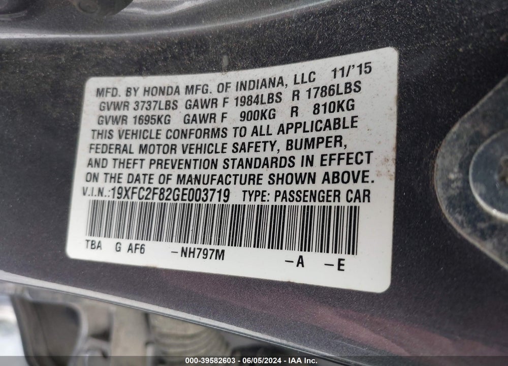 2016 HONDA CIVIC EX VIN: 19XFC2F82GE003719