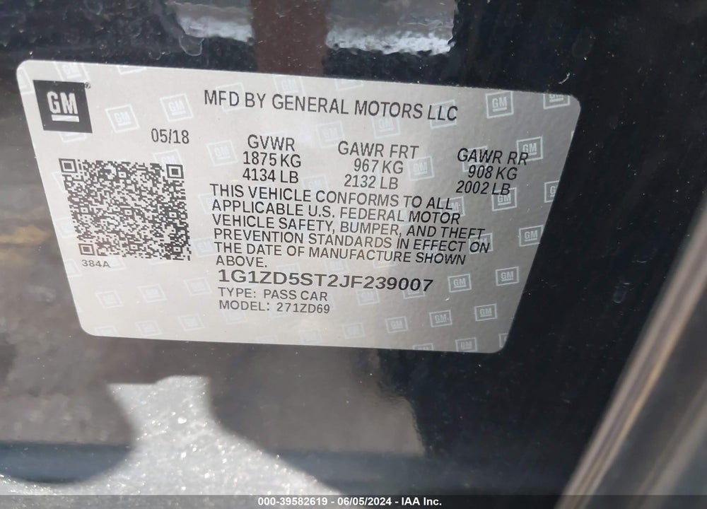 2018 CHEVROLET MALIBU LT VIN: 1G1ZD5ST2JF239007