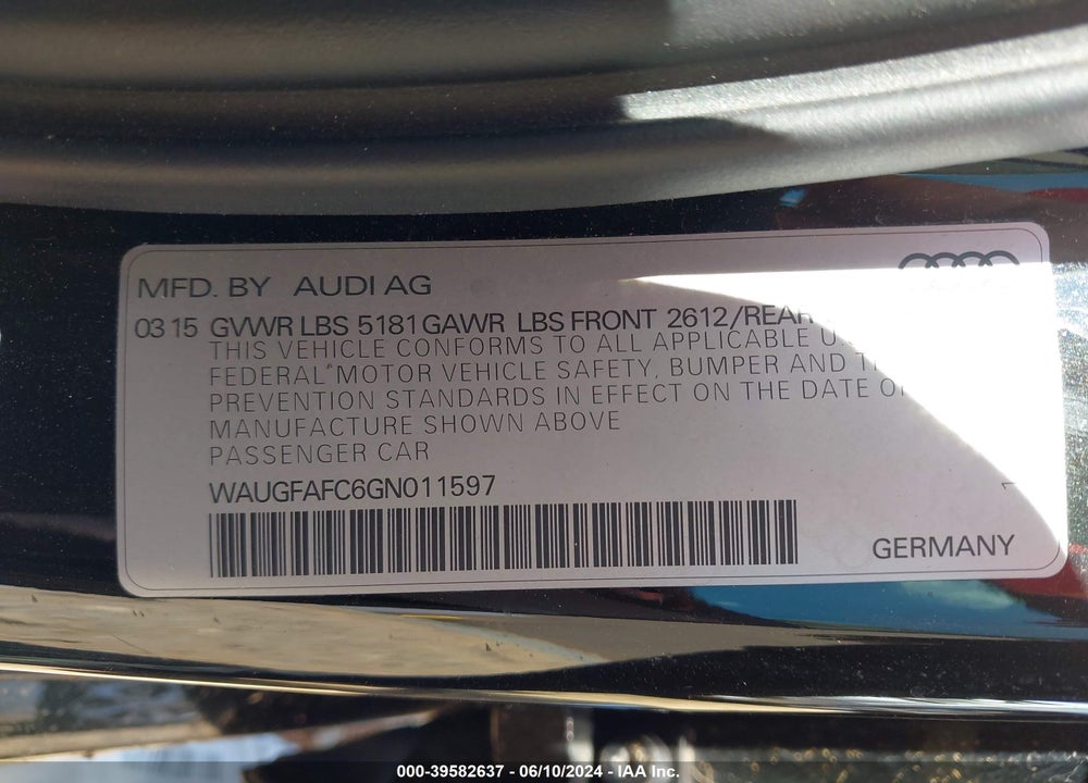 2016 AUDI A6 2.0T PREMIUM PLUS VIN: WAUGFAFC6GN011597