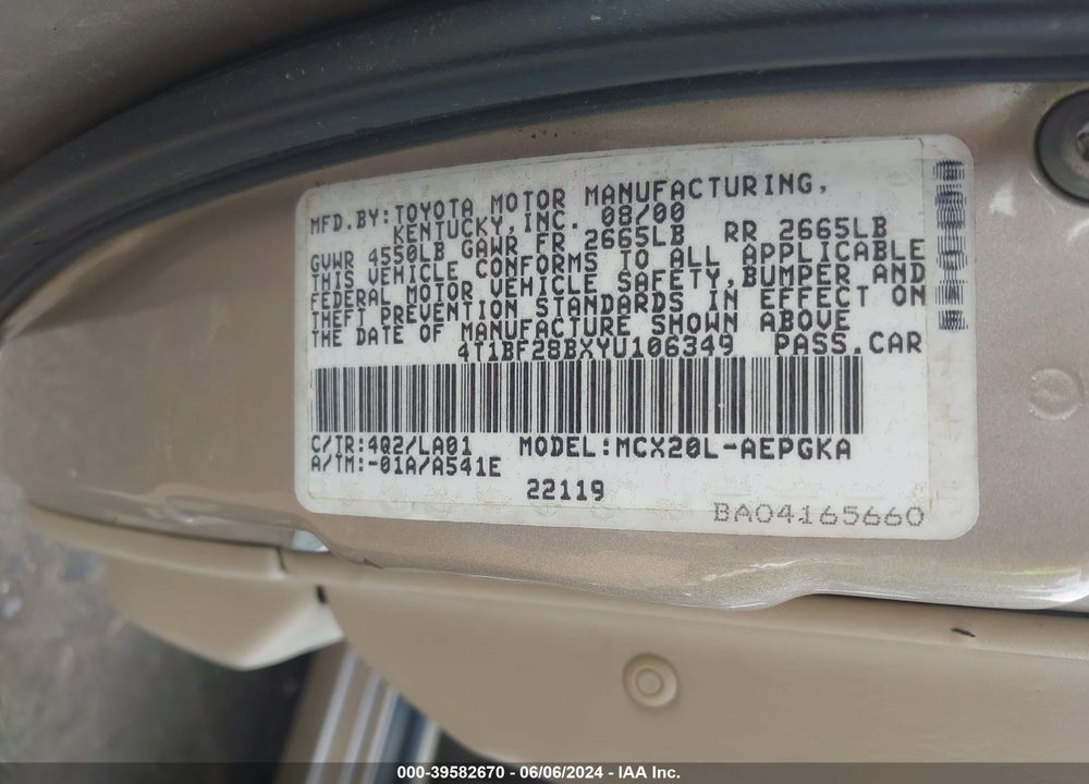2000 TOYOTA AVALON XLS VIN: 4T1BF28BXYU106349